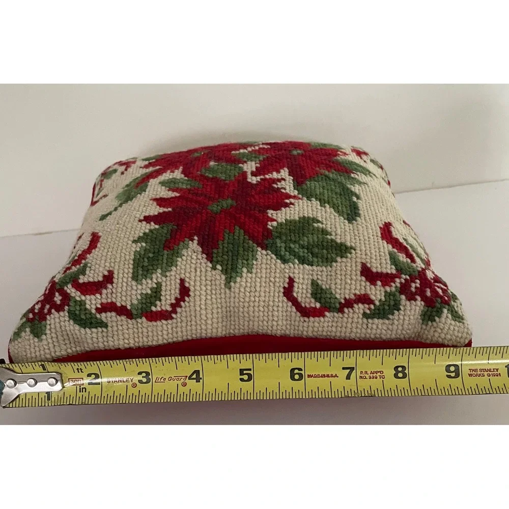 Vintage Christmas Poinsettia Needlepoint Wool Throw Pillow Green Velvet Back 9x9